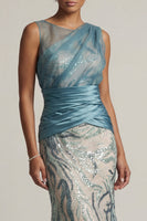 Load image into Gallery viewer, Sparkly Sequins Lake Blue Long Ruched Mermaid Evening Dress