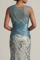 Load image into Gallery viewer, Sparkly Sequins Lake Blue Long Ruched Mermaid Evening Dress