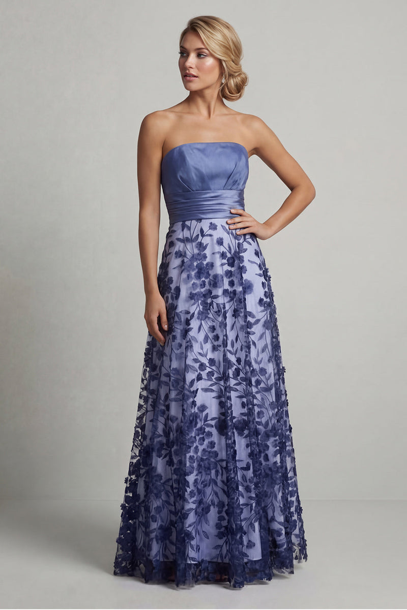 Load image into Gallery viewer, Floral Strapless Long A Line Navy Mother of the Bride Dress
