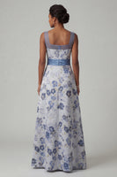 Load image into Gallery viewer, Floral Long A Line Dusty Blue Mother of the Bride Dress with Slit