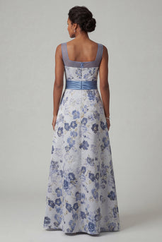 Floral Long A Line Dusty Blue Mother of the Bride Dress with Slit