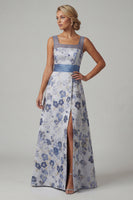 Load image into Gallery viewer, Floral Long A Line Dusty Blue Mother of the Bride Dress with Slit