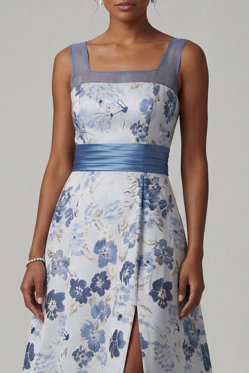 Load image into Gallery viewer, Floral Long A Line Dusty Blue Mother of the Bride Dress with Slit