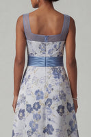 Load image into Gallery viewer, Floral Long A Line Dusty Blue Mother of the Bride Dress with Slit