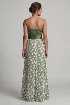 Floral Long A Line Green Strapless Ruched Mother of the Bride Dress