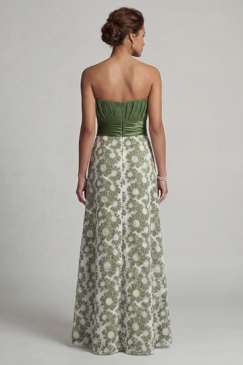 Load image into Gallery viewer, Floral Long A Line Green Strapless Ruched Mother of the Bride Dress