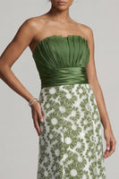 Load image into Gallery viewer, Floral Long A Line Green Strapless Ruched Mother of the Bride Dress