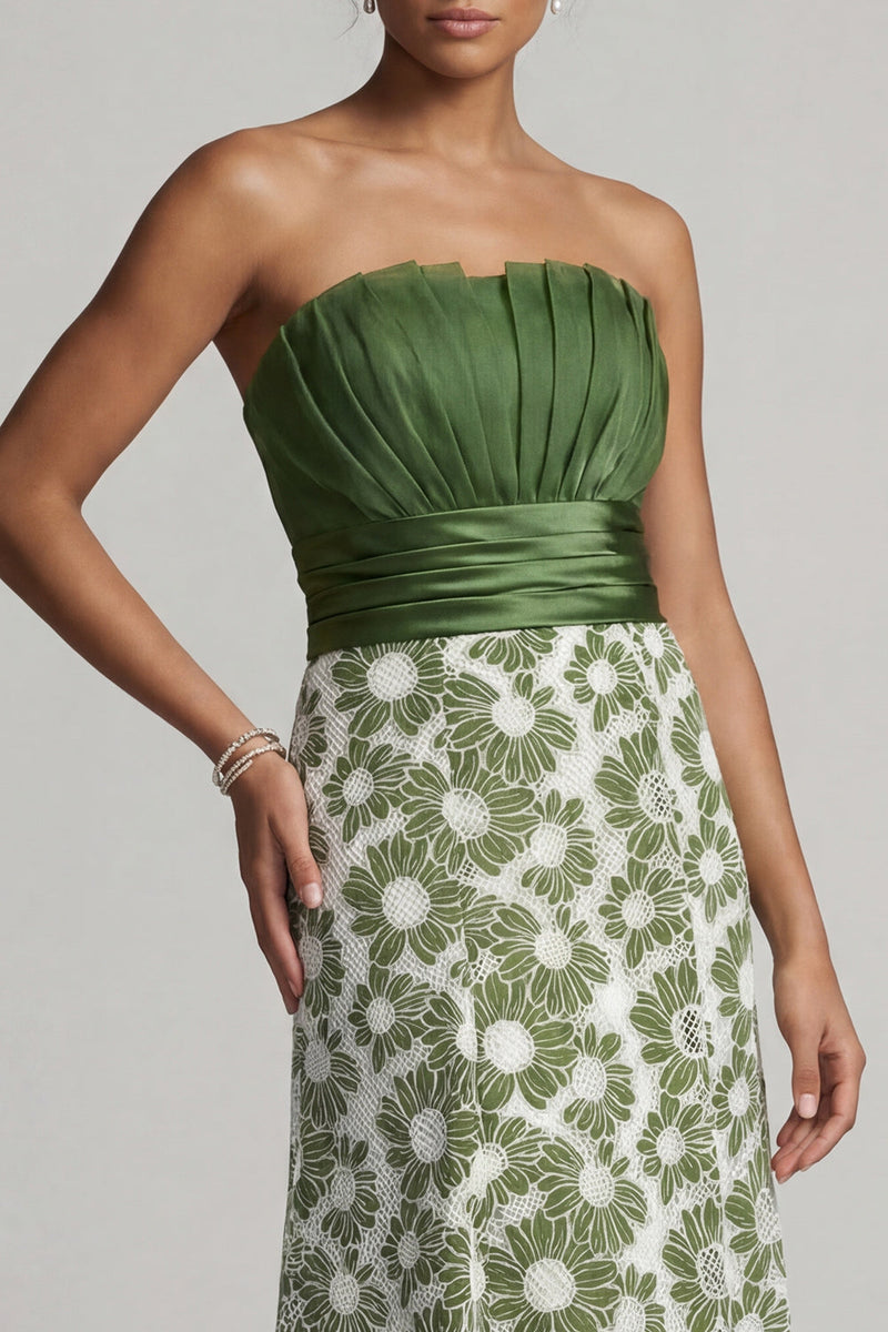 Load image into Gallery viewer, Floral Long A Line Green Strapless Ruched Mother of the Bride Dress