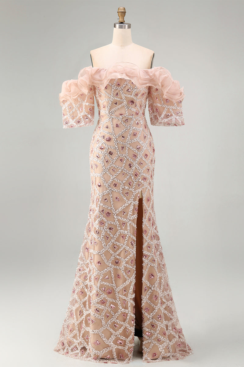 Load image into Gallery viewer, Sparkly Champagne Mermaid Long Sequin Beaded Mother of the Bride Dress with Ruffles