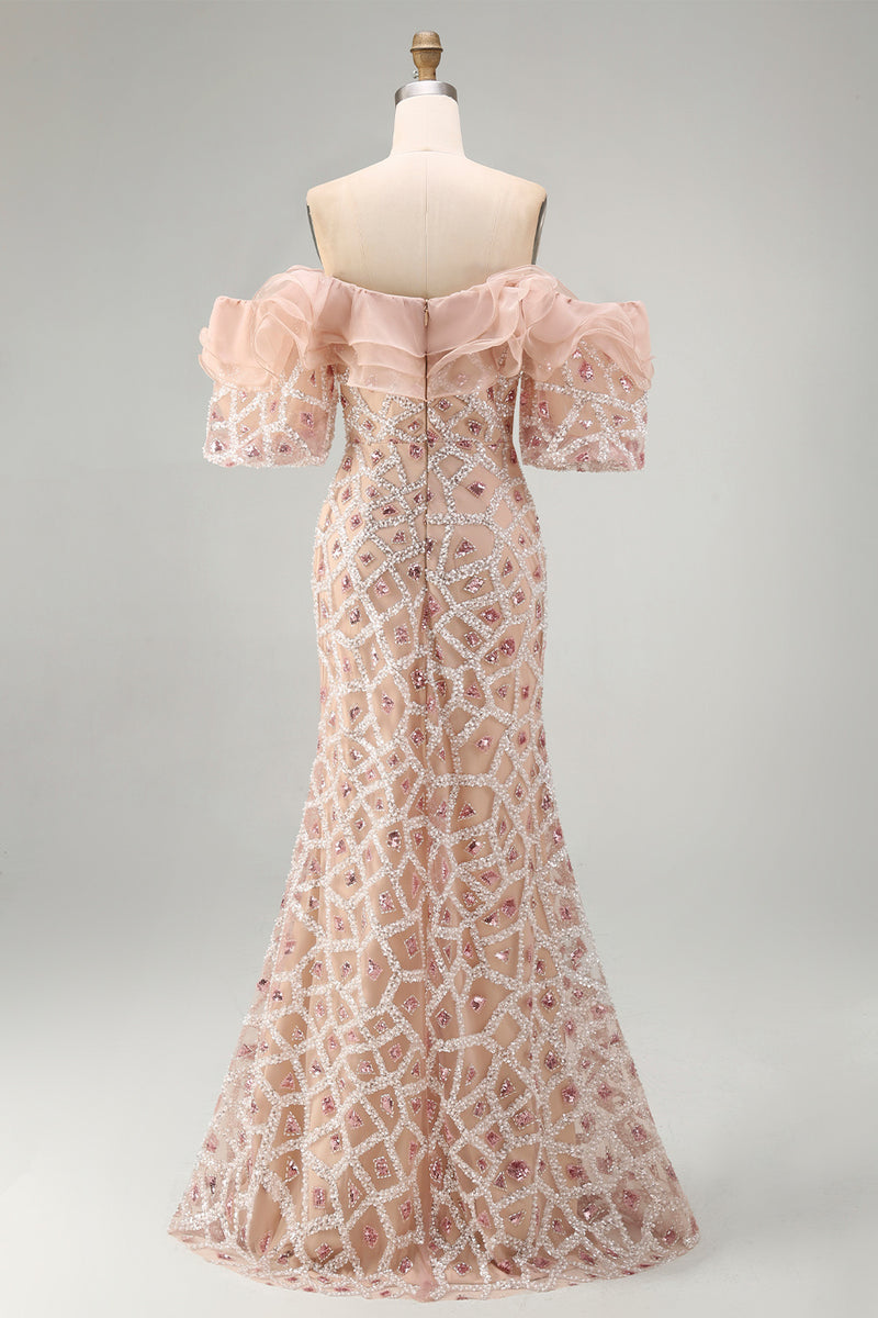 Load image into Gallery viewer, Sparkly Champagne Mermaid Long Sequin Beaded Mother of the Bride Dress with Ruffles