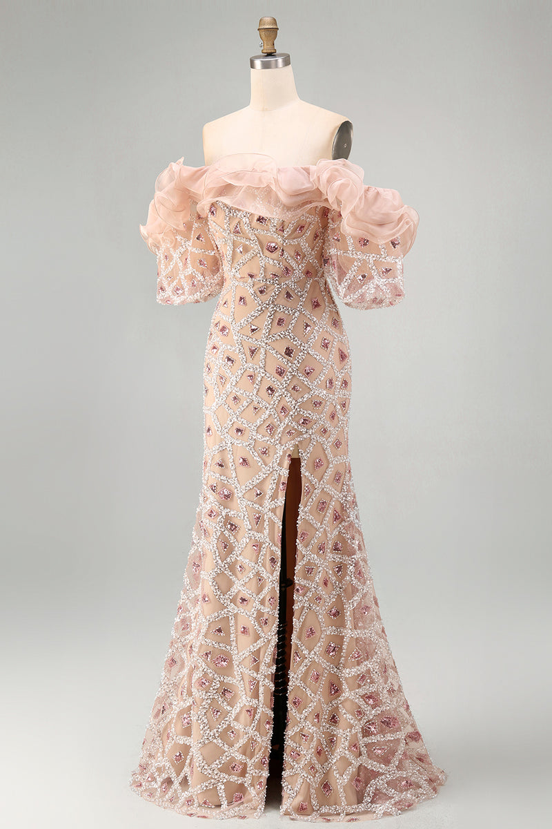 Load image into Gallery viewer, Sparkly Champagne Mermaid Long Sequin Beaded Mother of the Bride Dress with Ruffles