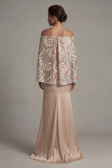 Long Sparkly Champagne Mermaid Sequin Mother of the Bride Dress with Cape