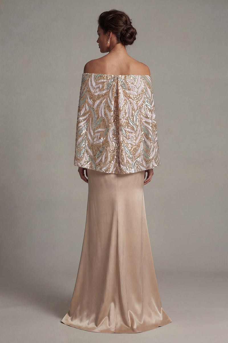 Load image into Gallery viewer, Long Sparkly Champagne Mermaid Sequin Mother of the Bride Dress with Cape