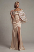 Load image into Gallery viewer, Long Sparkly Champagne Mermaid Sequin Mother of the Bride Dress with Cape
