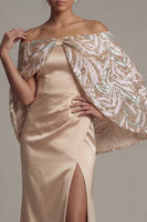 Load image into Gallery viewer, Long Sparkly Champagne Mermaid Sequin Mother of the Bride Dress with Cape