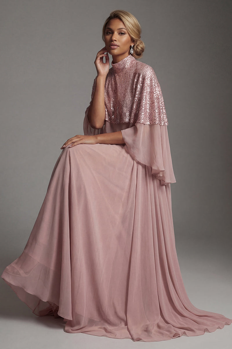 Load image into Gallery viewer, Sparkly Dusty Rose Sequin Long A Line Mother of the Bride Dress with Cape