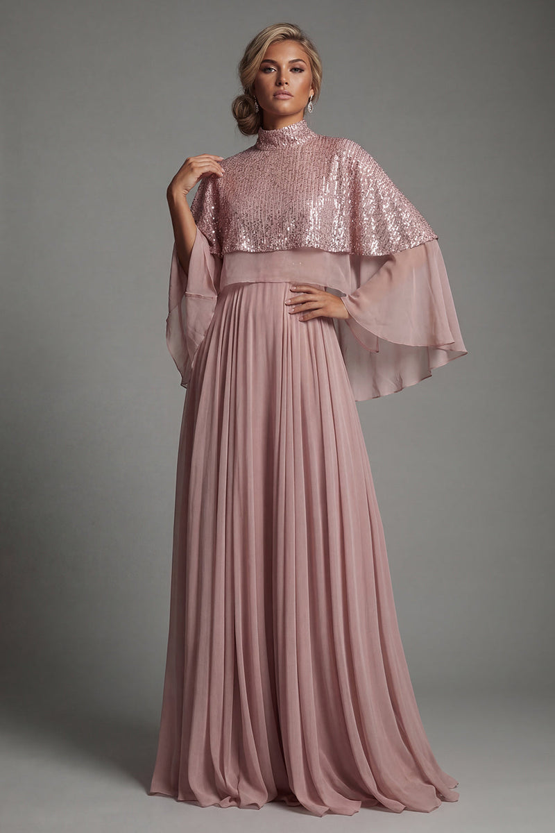Load image into Gallery viewer, Sparkly Dusty Rose Sequin Long A Line Mother of the Bride Dress with Cape