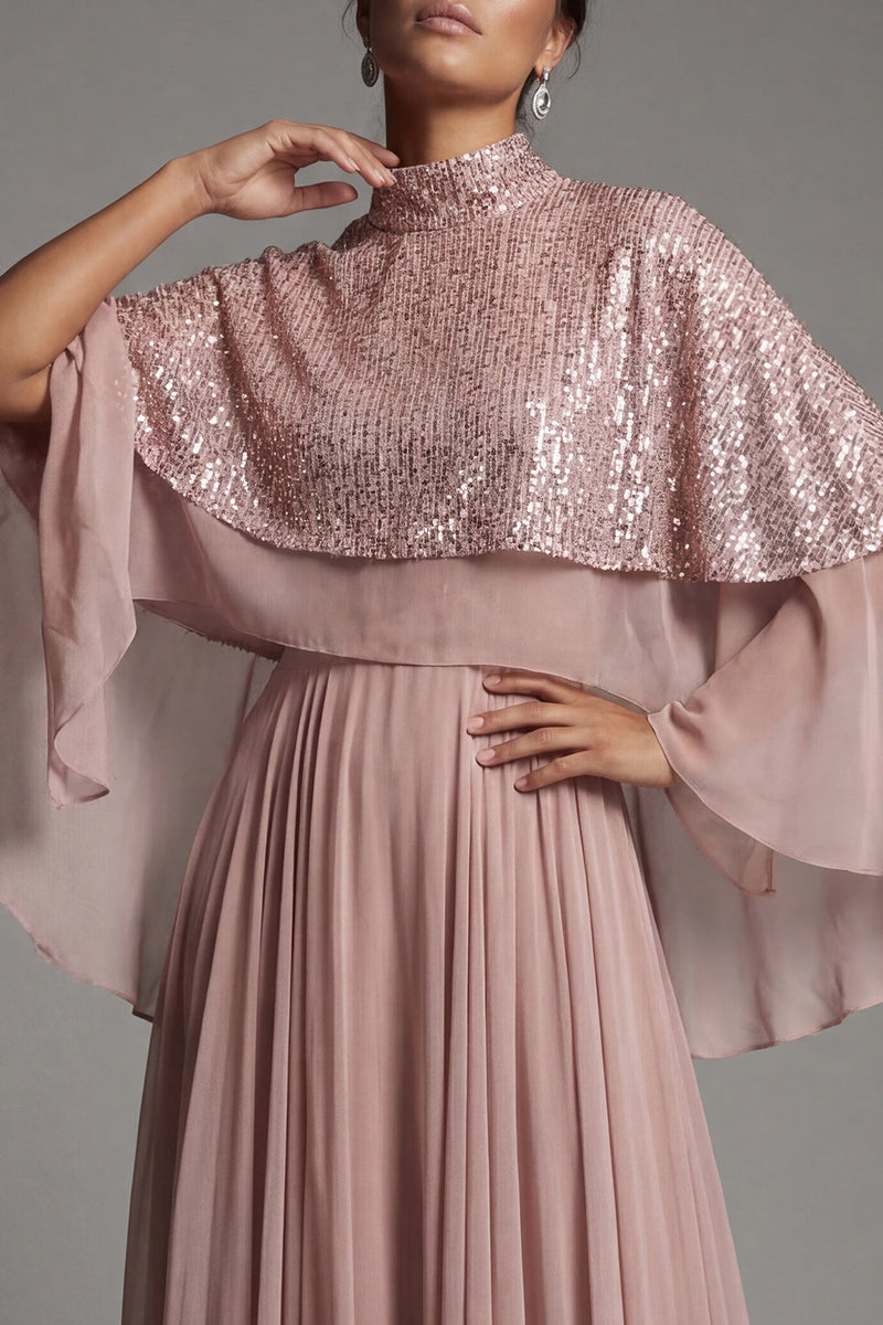Load image into Gallery viewer, Sparkly Dusty Rose Sequin Long A Line Mother of the Bride Dress with Cape