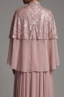 Load image into Gallery viewer, Sparkly Dusty Rose Sequin Long A Line Mother of the Bride Dress with Cape