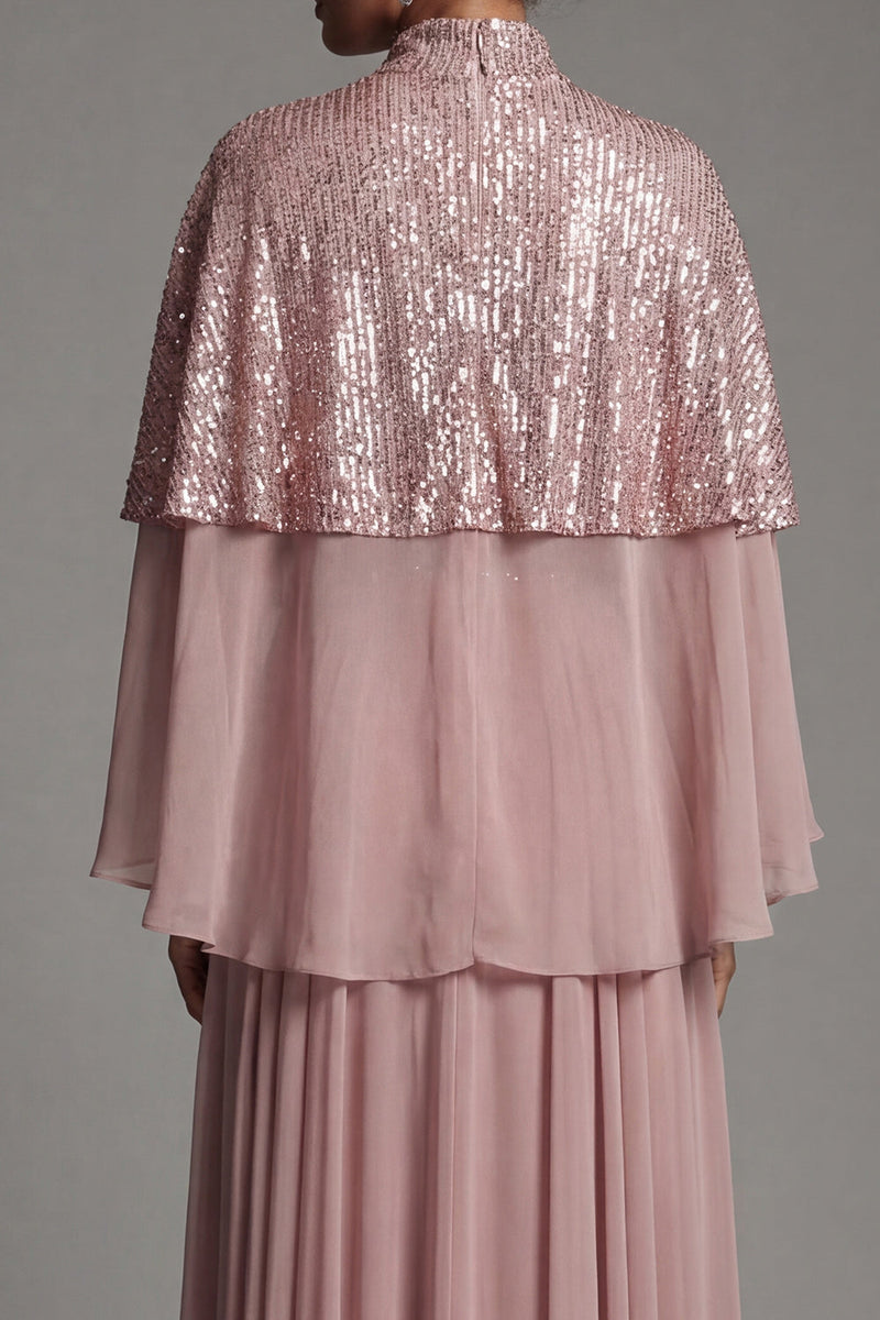 Load image into Gallery viewer, Sparkly Dusty Rose Sequin Long A Line Mother of the Bride Dress with Cape