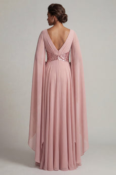 Long Sparkly Sequin Dusty Rose A Line Mother of the Bride Dress with Cape