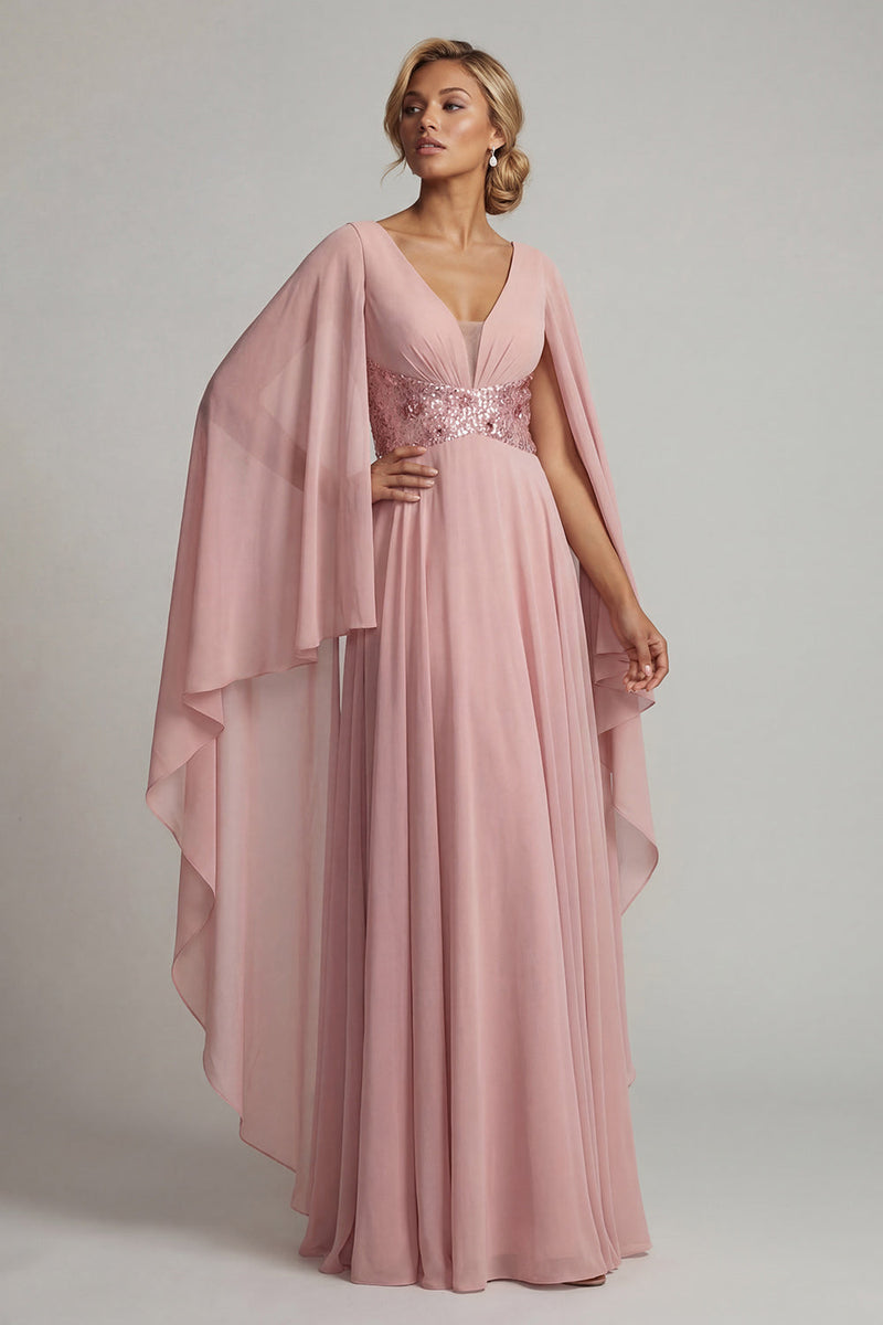 Load image into Gallery viewer, Long Sparkly Sequin Dusty Rose A Line Mother of the Bride Dress with Cape