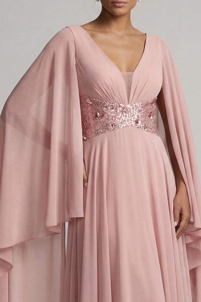 Load image into Gallery viewer, Long Sparkly Sequin Dusty Rose A Line Mother of the Bride Dress with Cape