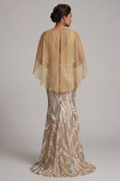 Load image into Gallery viewer, Long Sparkly Champagne Mermaid Sequin 3D Flower Mother of the Bride Dress with Cape