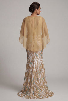 Long Sparkly Champagne Mermaid Sequin 3D Flower Mother of the Bride Dress with Cape