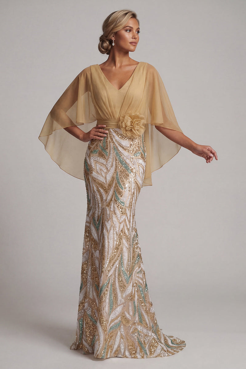 Load image into Gallery viewer, Long Sparkly Champagne Mermaid Sequin 3D Flower Mother of the Bride Dress with Cape