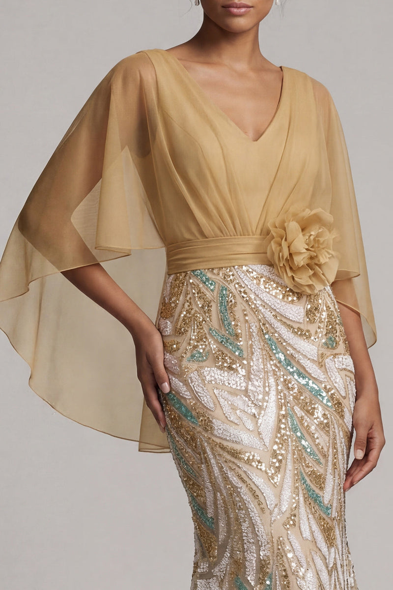 Load image into Gallery viewer, Long Sparkly Champagne Mermaid Sequin 3D Flower Mother of the Bride Dress with Cape