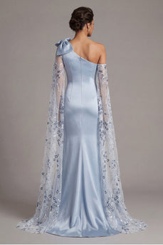 Floral Long Sequin Mermaid Sky Blue Mother of the Bride Dress with Cape