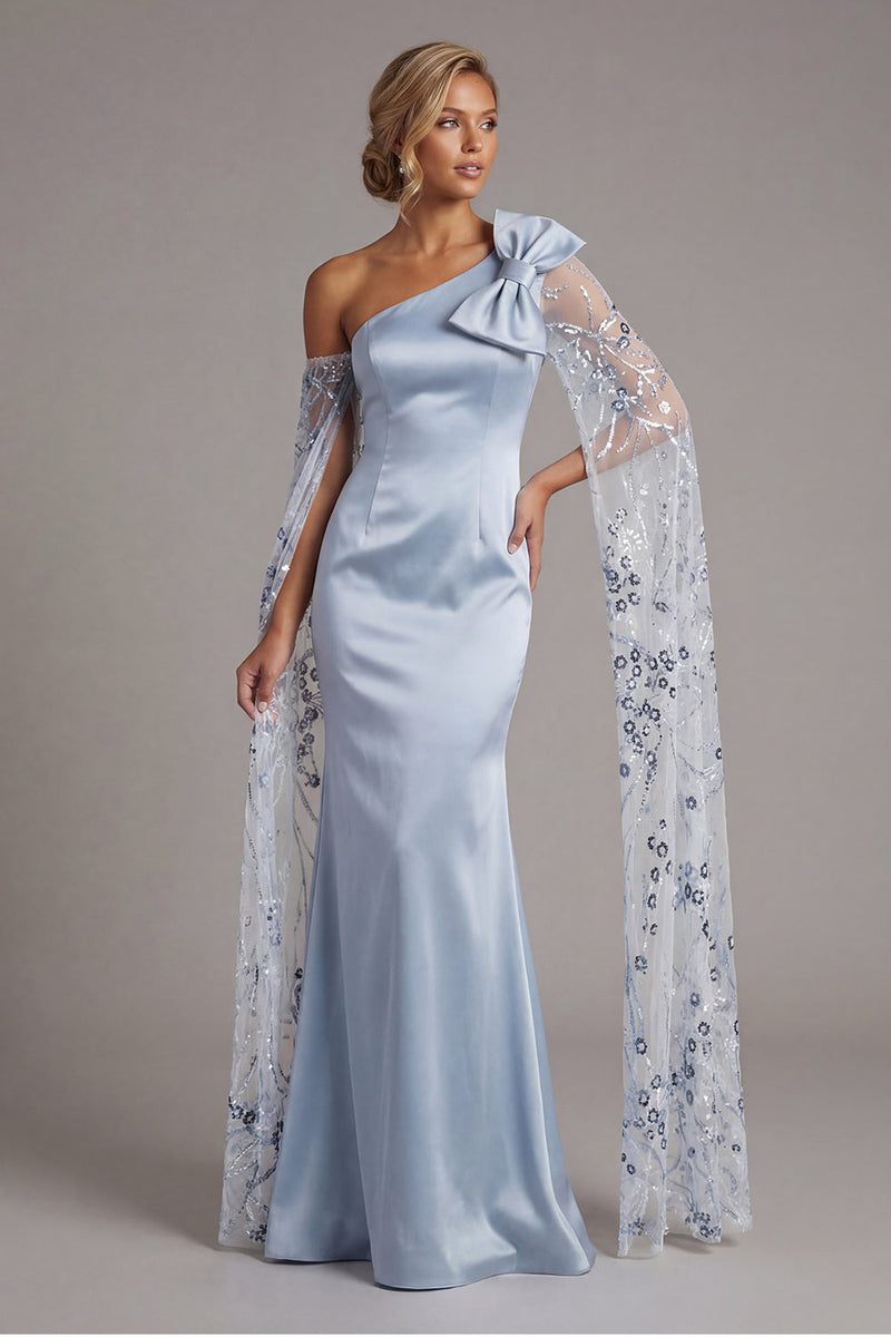 Load image into Gallery viewer, Floral Long Sequin Mermaid Sky Blue Mother of the Bride Dress with Cape