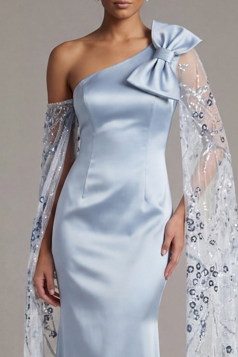 Load image into Gallery viewer, Floral Long Sequin Mermaid Sky Blue Mother of the Bride Dress with Cape