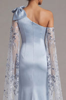 Load image into Gallery viewer, Floral Long Sequin Mermaid Sky Blue Mother of the Bride Dress with Cape