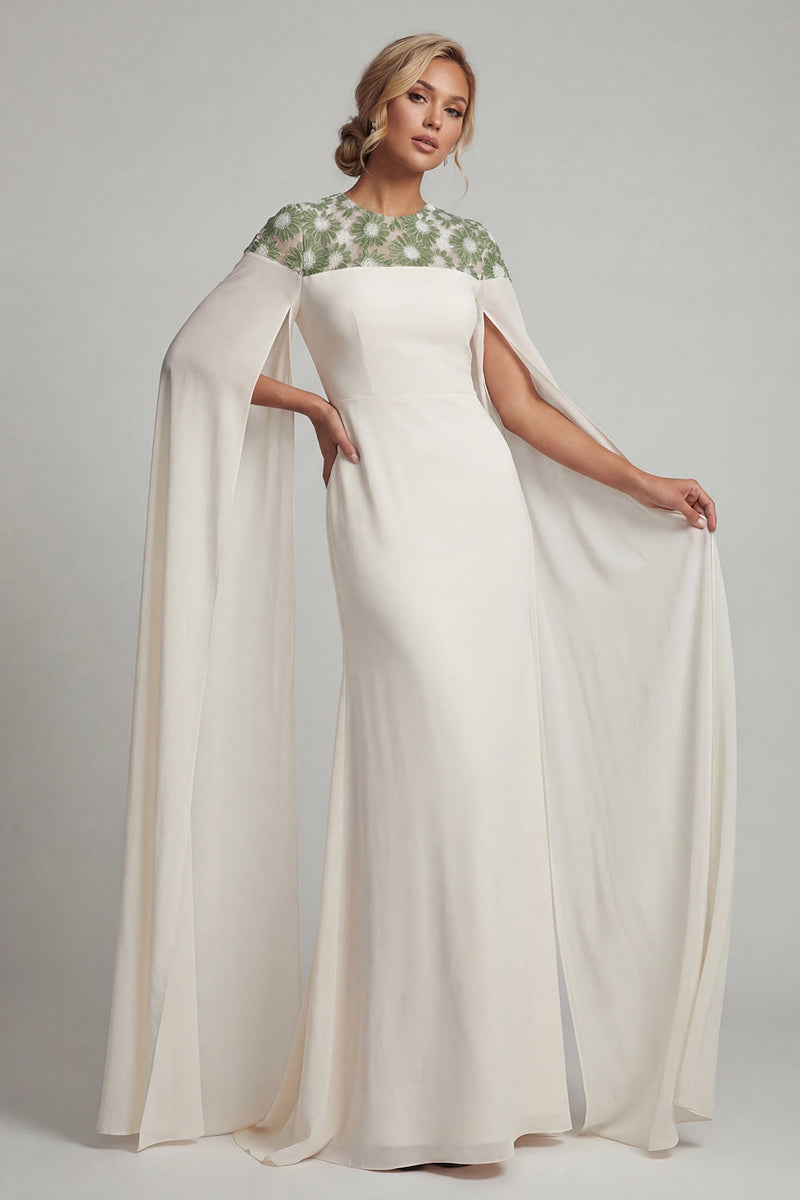 Load image into Gallery viewer, Floral Ivory Long Mermaid Round Neck Mother of the Bride Dress with Cape