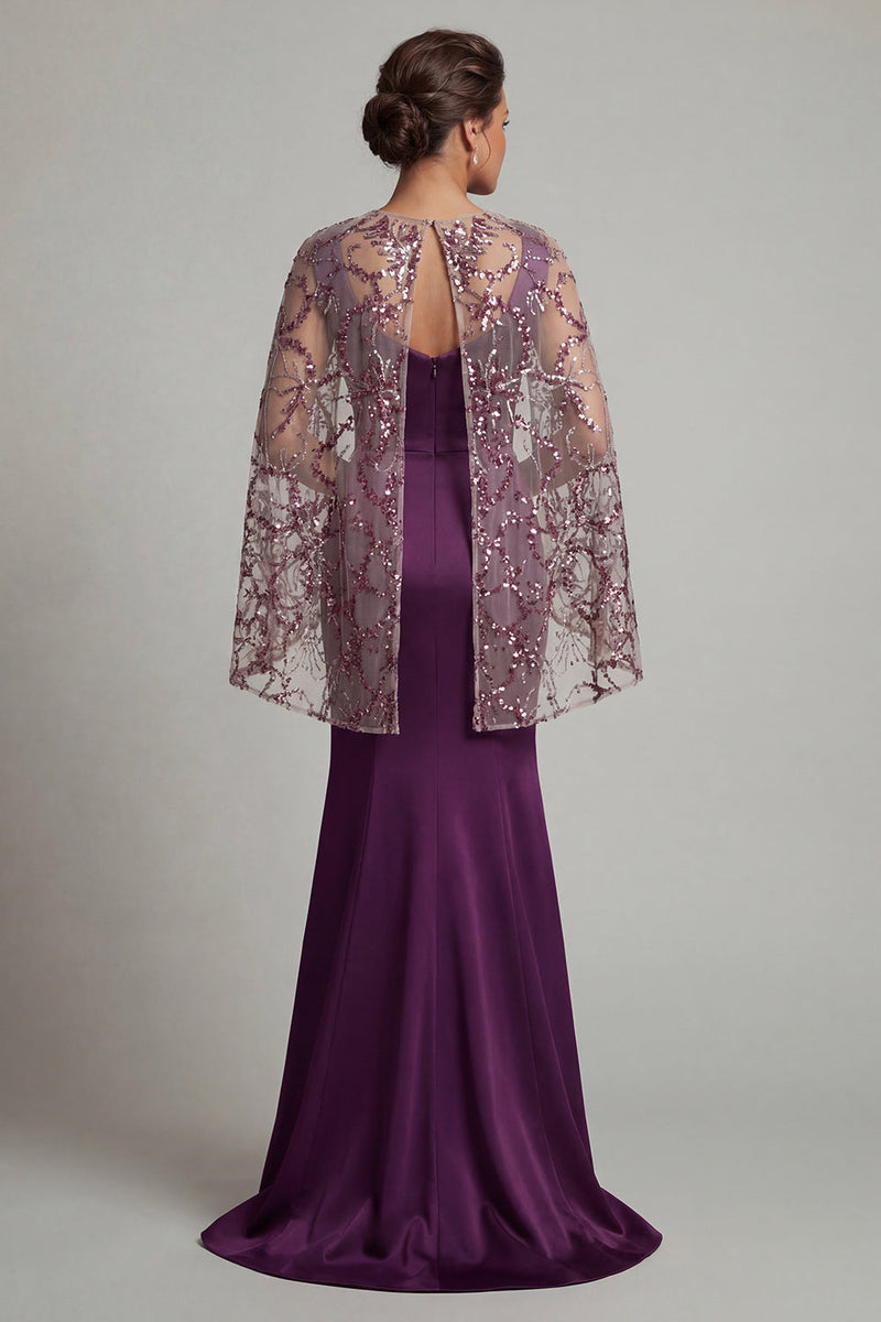 Load image into Gallery viewer, Mermaid Floral Sparkly Dark Purple Long Mother of the Bride Dress with Cape