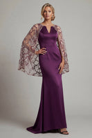 Load image into Gallery viewer, Mermaid Floral Sparkly Dark Purple Long Mother of the Bride Dress with Cape