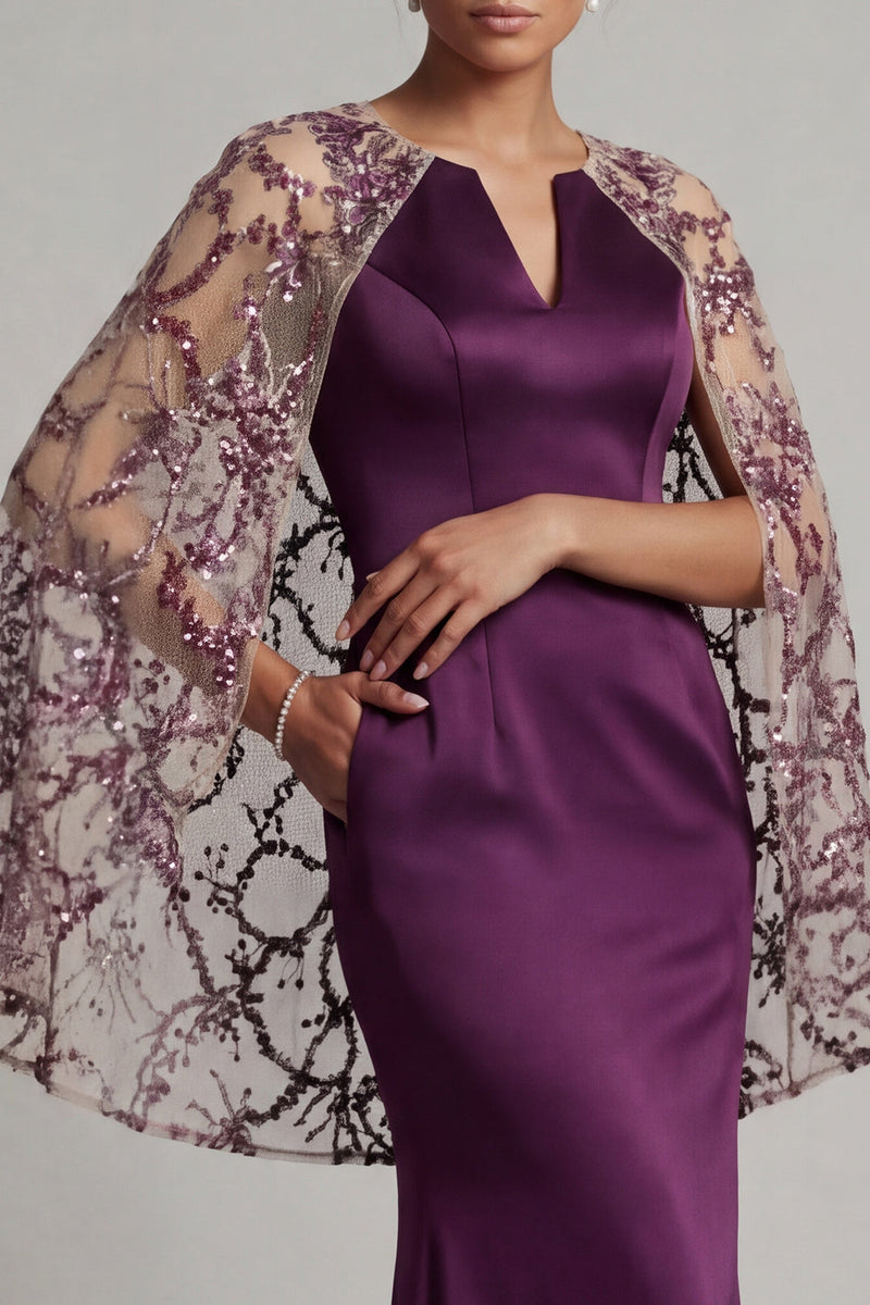 Load image into Gallery viewer, Mermaid Floral Sparkly Dark Purple Long Mother of the Bride Dress with Cape