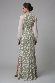 Floral Long Green High Neck Mermaid Mother of the Bride Dress with Slit