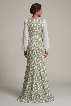 Mermaid Floral Long Sleeves Green Mother of the Bride Dress with Slit