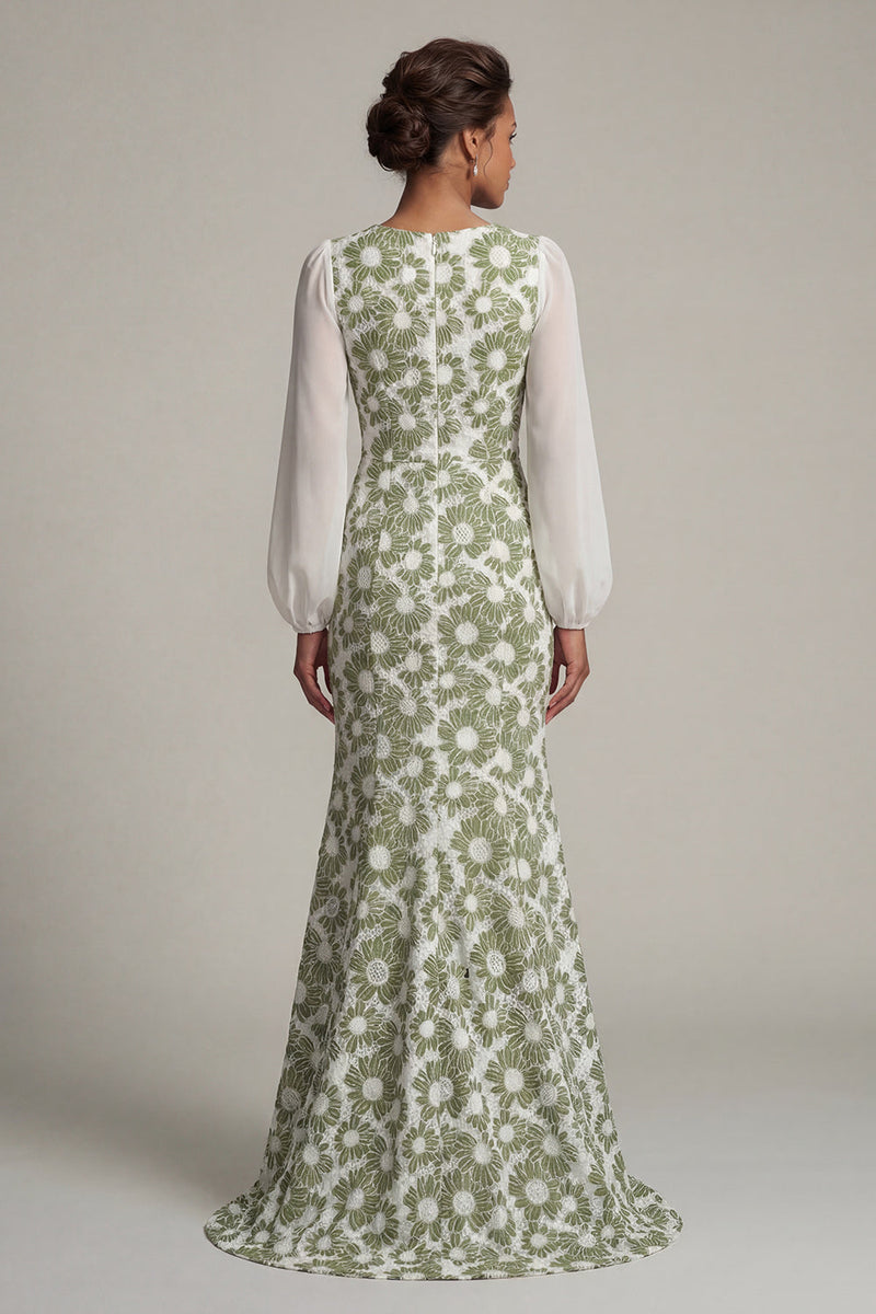 Load image into Gallery viewer, Mermaid Floral Long Sleeves Green Mother of the Bride Dress with Slit