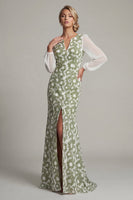 Load image into Gallery viewer, Mermaid Floral Long Sleeves Green Mother of the Bride Dress with Slit