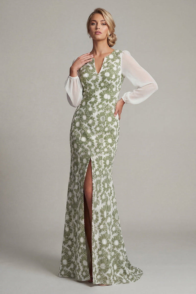 Load image into Gallery viewer, Mermaid Floral Long Sleeves Green Mother of the Bride Dress with Slit