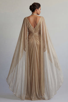 Sparkly Sequin Long Sheath Champagne Ruched Mother of the Bride Dress with Cape