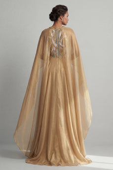 Sparkly A Line Sequin Long Champagne Mother of the Bride Dress with Cape
