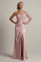 Load image into Gallery viewer, Dusty Rose Mermaid Ruched Floral Long Mother of the Bride Dress with Slit