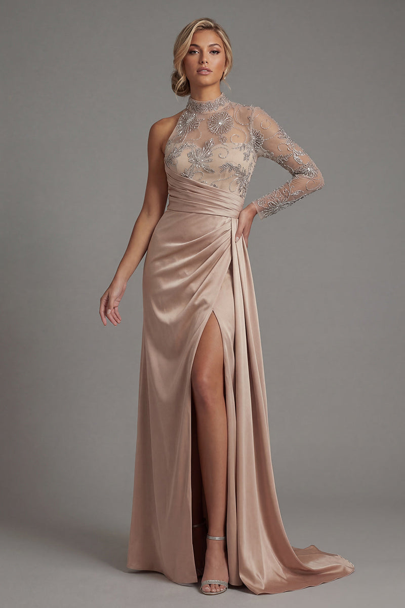 Load image into Gallery viewer, Floral Long Sheath Ruched Champagne Mother of the Bride Dress with Side Cape