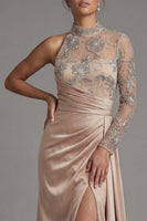 Load image into Gallery viewer, Floral Long Sheath Ruched Champagne Mother of the Bride Dress with Side Cape