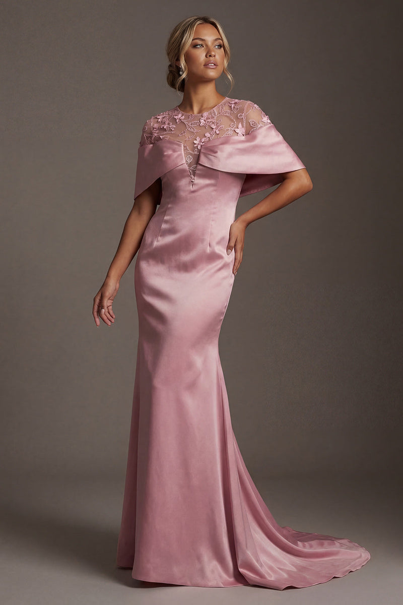 Load image into Gallery viewer, Mermaid Floral Pink Round Neck Long Mother of the Bride Dress